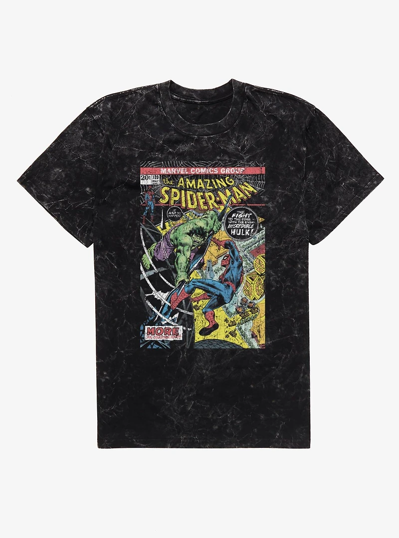 Marvel Comics Cover Hulk Punch Spider-Man Mineral Wash T-Shirt