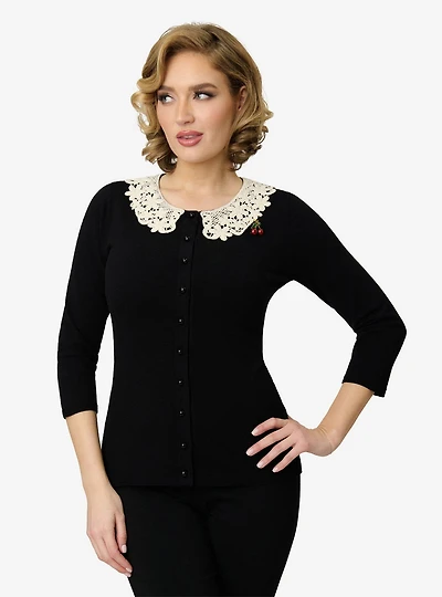 Unique Vintage Black & Cherry Pin Bookworm Cardigan