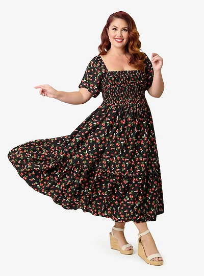 Unique Vintage Plus Black & Strawberry Print Smocked Bodice Midi Dress