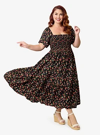 Unique Vintage Plus Black & Strawberry Print Smocked Bodice Midi Dress