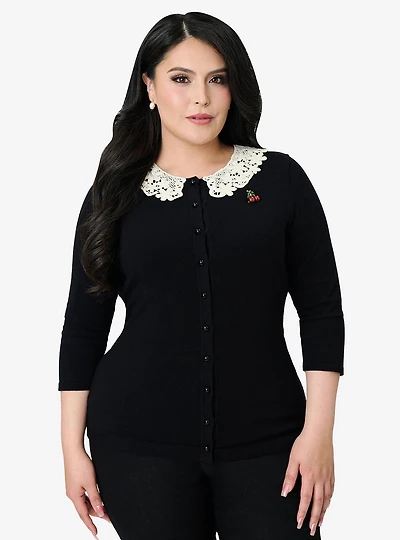 Unique Vintage Plus Black & Cherry Pin Bookworm Cardigan
