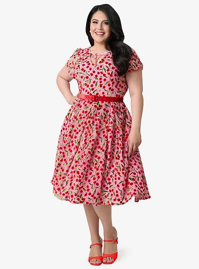 Unique Vintage Plus Pink Velvet Cherries Dahlia Swing Dress