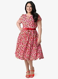 Unique Vintage Plus Pink Velvet Cherries Dahlia Swing Dress