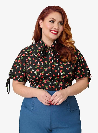 Unique Vintage Plus Black & Berries Print Chita Blouse