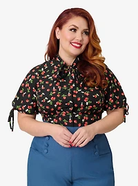 Unique Vintage Plus Black & Berries Print Chita Blouse