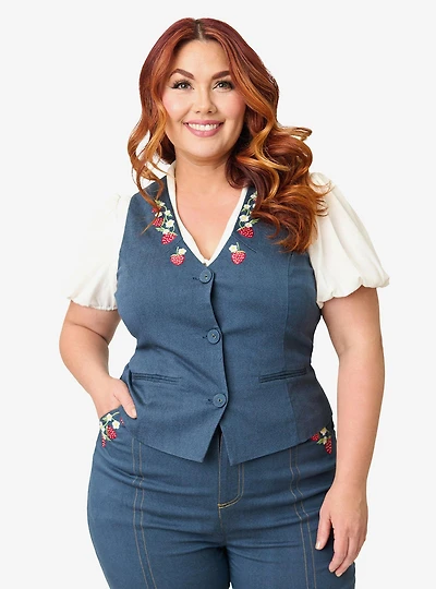 Unique Vintage Plus 1940s Denim Embroidered Button Up Vest