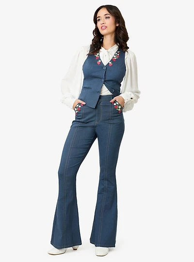 Unique Vintage Denim Strawberry Embroidered Flare Pants