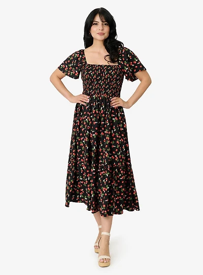 Unique Vintage Black & Strawberry Print Smocked Bodice Midi Dress