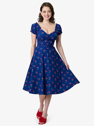 Unique Vintage Navy & Cherries Ohara Swing Dress