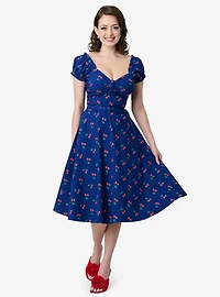 Unique Vintage Navy & Cherries Ohara Swing Dress