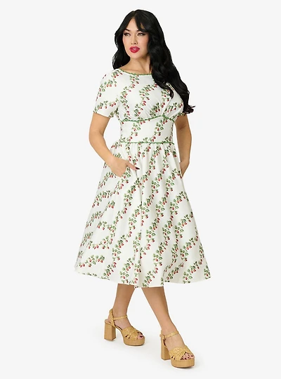Unique Vintage Strawberry Vine Print Swing Dress