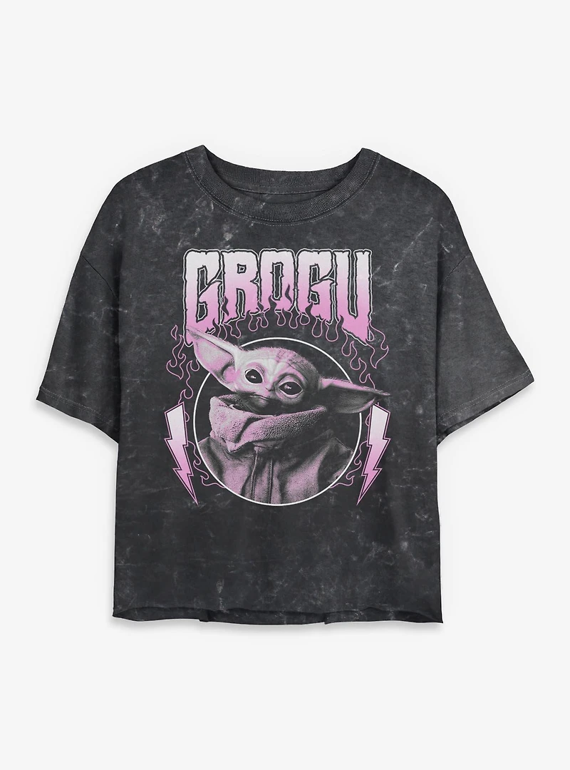 Star Wars The Mandalorian Grogu Flames Metal Icon Mineral Wash Womens Crop T-Shirt Box Lunch Exclusive