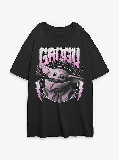 Star Wars The Mandalorian Grogu Flames Metal Icon Womens Oversized T-Shirt Box Lunch Exclusive
