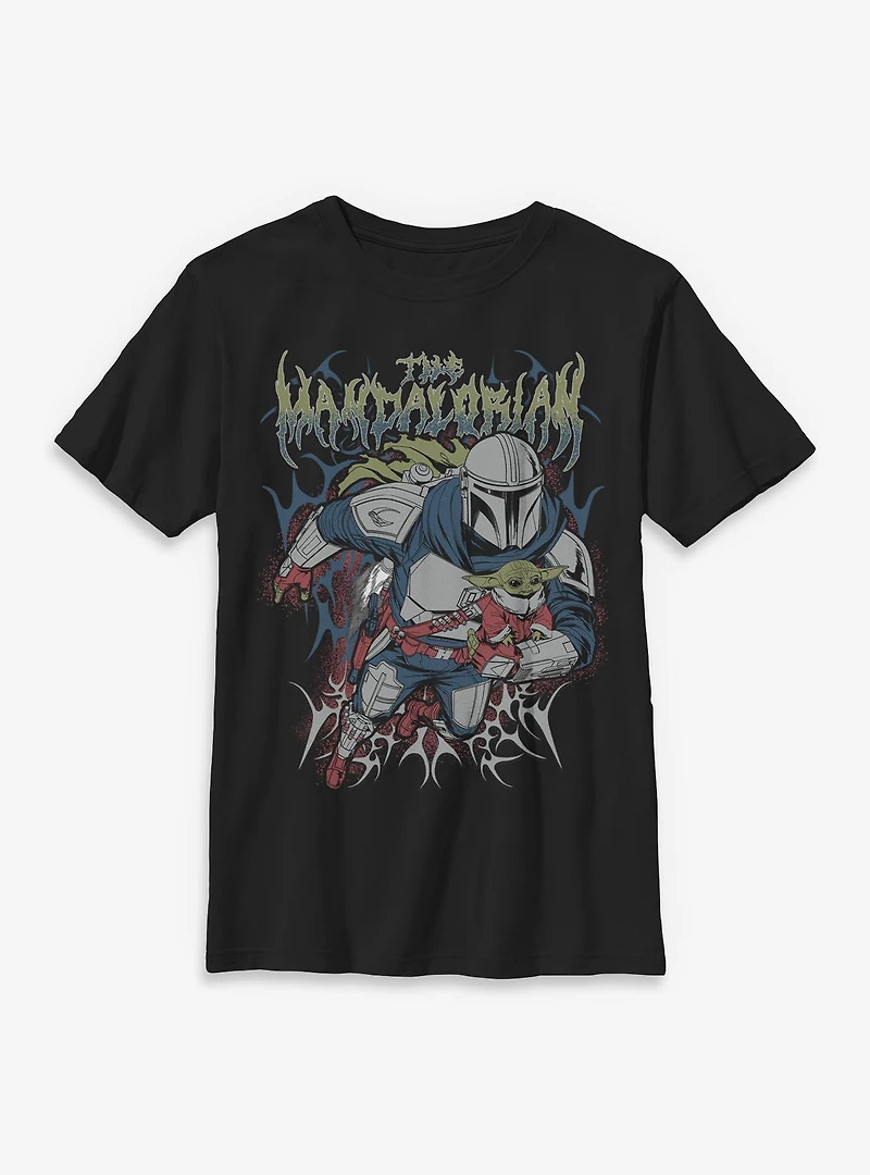 Star Wars: The Mandalorian And Grogu & Duo Hunters Metal Font Style Youth T-Shirt Box Lunch Exclusive