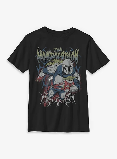 Star Wars: The Mandalorian And Grogu & Duo Hunters Metal Font Style Youth T-Shirt Box Lunch Exclusive
