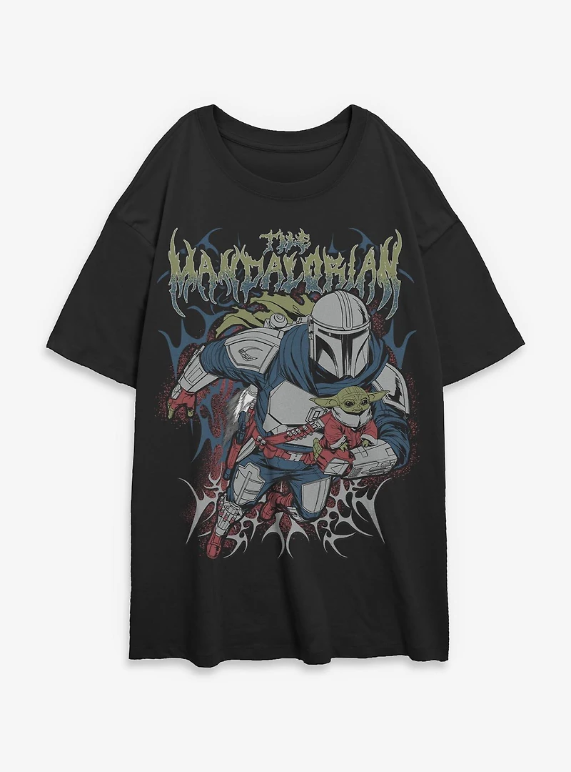 Star Wars: The Mandalorian And Grogu & Duo Hunters Metal Font Style Womens Oversized T-Shirt Box Lunch Exclusive