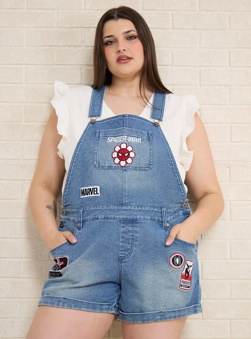 Marvel Spider-Man Embroidered Icons Women's Plus Short Overalls - BoxLunch Exclusive