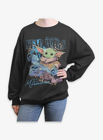 Star Wars The Mandalorian Grogu Checkered Ships Womens Oversized Sweatshirt BoxLunch Exclusive