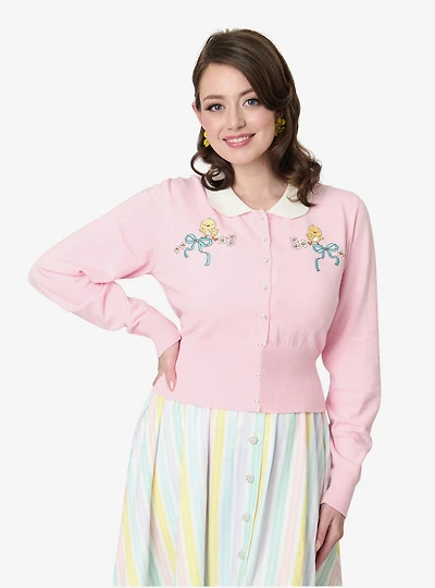 Unique Vintage Pink Chick Embroidered Cardigan