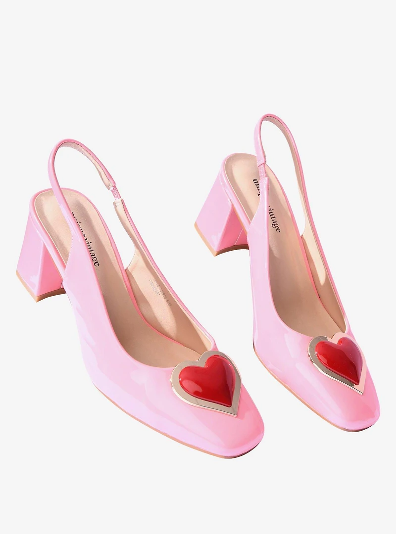 Unique Vintage Pink Heart Leatherette Slingback Heels