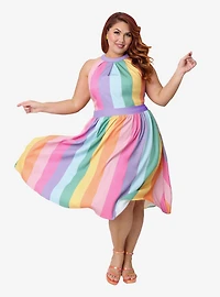 Unique Vintage Plus Pastel Rainbow Stripe Lombard Swing Dress