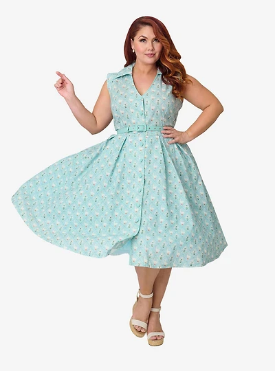 Unique Vintage Plus Blue & Goose Print Cotton Shirt Swing Dress