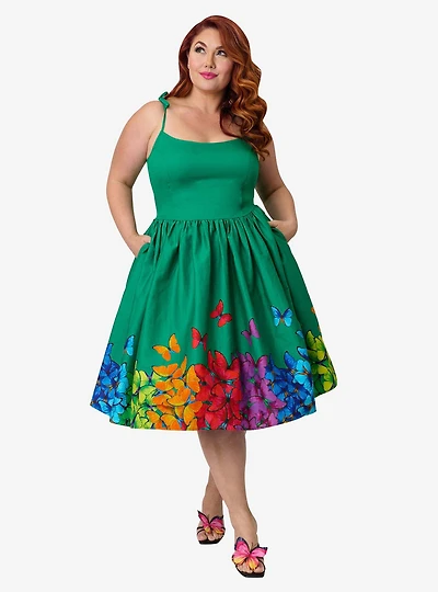 Unique Vintage Plus Green & Rainbow Butterfly Cotton Bobbie Swing Dress