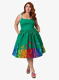 Unique Vintage Plus Green & Rainbow Butterfly Cotton Bobbie Swing Dress