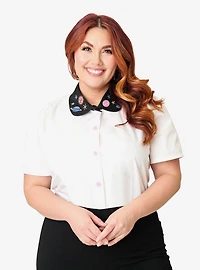 Unique Vintage Plus White Planet Embroidered Collared Blouse