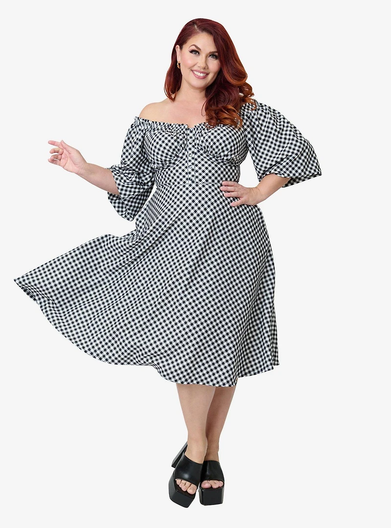 Unique Vintage Plus Black & White Gingham Peasant Sleeve Swing Dress
