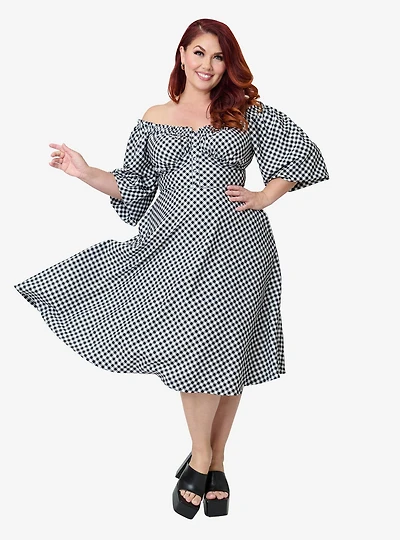 Unique Vintage Plus Black & White Gingham Peasant Sleeve Swing Dress