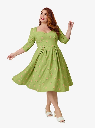 Unique Vintage Plus Chartreuse & Pink Rose Sweetheart Swing Dress