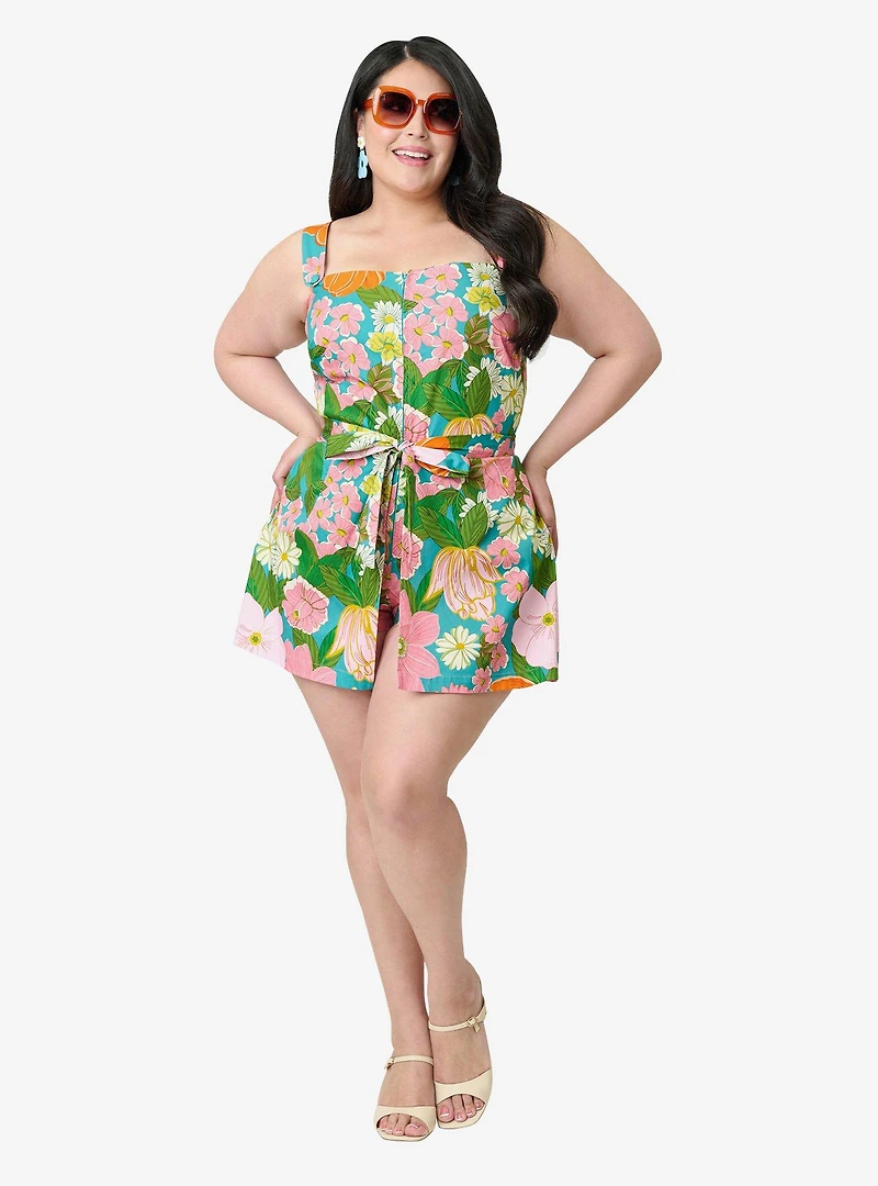 Smak Parlour Plus Teal Floral Sweet & Sassy Skirted Cotton Romper