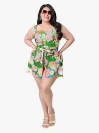 Smak Parlour Plus Teal Floral Sweet & Sassy Skirted Cotton Romper