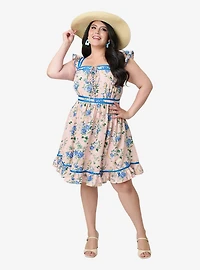 Smak Parlour Plus Light Pink & Blue Floral Corset Fit Flare Dress