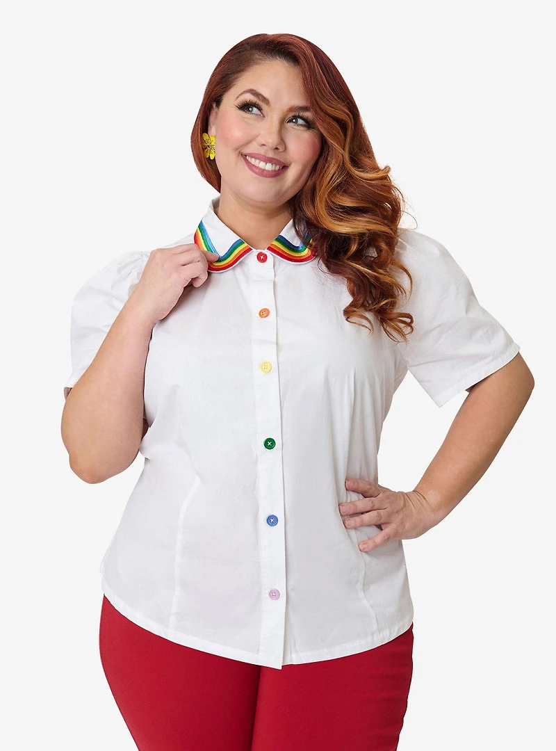 Unique Vintage Plus White Rainbow Embroidered Collar Blouse