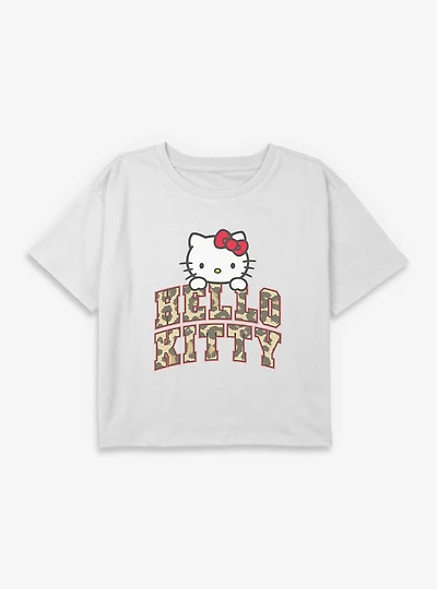 Hello Kitty Cheetah Print Logo Youth Girls Boxy Crop T-Shirt