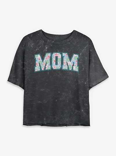 Disney Minnie Mouse Mom Collegiate Floral Print Mineral Wash Womens Crop T-Shirt