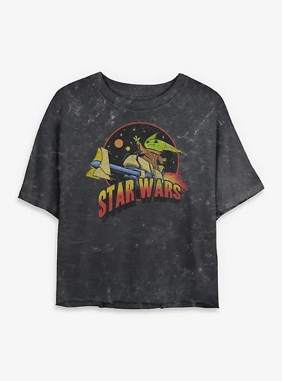 Star Wars The Mandalorian Grogu Riding Space Mineral Wash Womens Crop T-Shirt