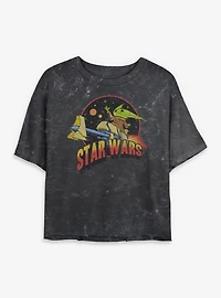Star Wars The Mandalorian Grogu Riding Space Mineral Wash Womens Crop T-Shirt