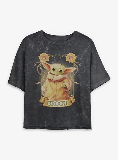 Star Wars The Mandalorian Grogu Floral Ornate Frame Mineral Wash Womens Crop T-Shirt