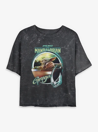 Star Wars The Mandalorian Grogu Chrome Mineral Wash Womens Crop T-Shirt
