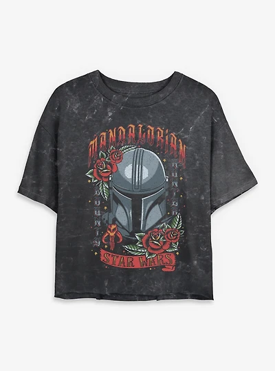 Star Wars The Mandalorian Tattoo Style Print Mineral Wash Womens Crop T-Shirt