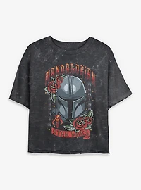 Star Wars The Mandalorian Tattoo Style Print Mineral Wash Womens Crop T-Shirt