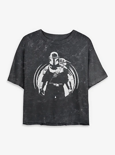 Star Wars: The Mandalorian and Grogu Silhouette Icon Mineral Wash Womens Crop T-Shirt