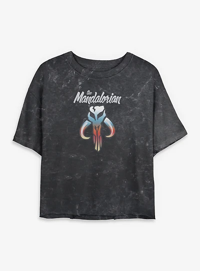 Star Wars The Mandalorian Skull Symbol Mineral Wash Womens Crop T-Shirt