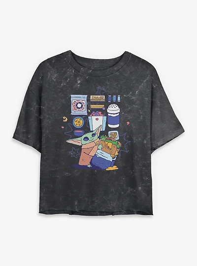 Star Wars: The Mandalorian And Grogu Enjoying Snacks Mineral Wash Womens Crop T-Shirt