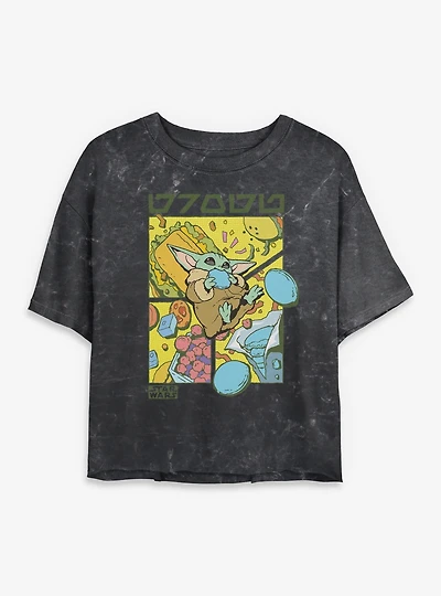 Star Wars: The Mandalorian And Grogu Snack Comic Style Mineral Wash Womens Crop T-Shirt