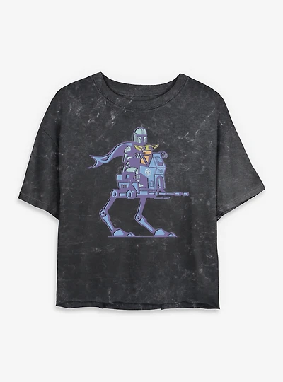 Star Wars: The Mandalorian Mando, Grogu & AT RT Walker Mineral Wash Womens Crop T-Shirt