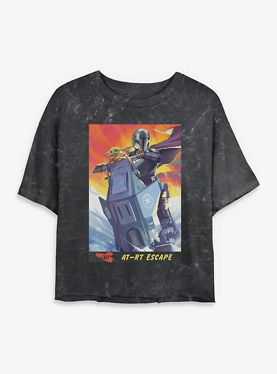 Star Wars: The Mandalorian And Grogu AT RT Escape & Card Style Mineral Wash Womens Crop T-Shirt